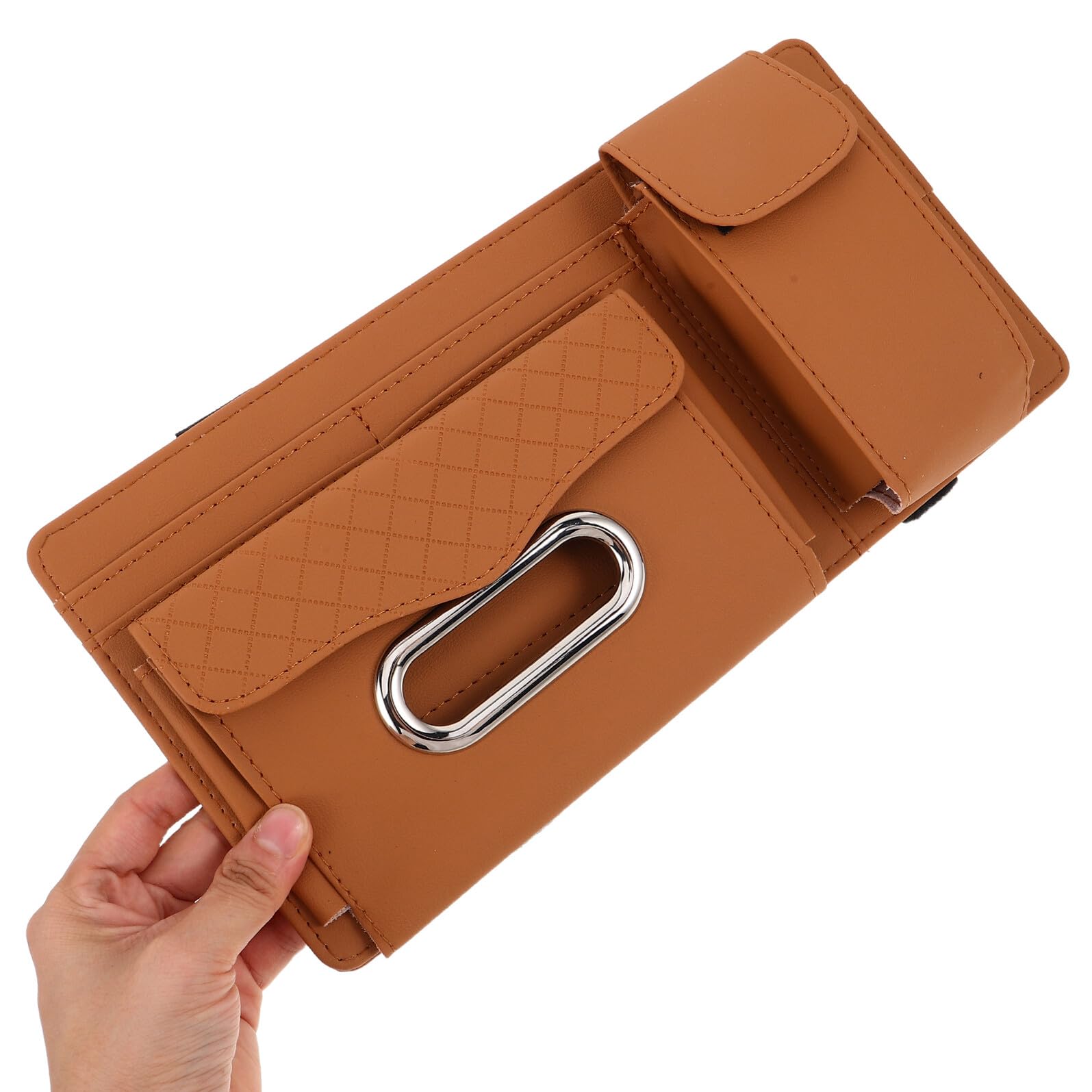 POPETPOP Clip Multifunzionale per Visiera Parasole Auto 2 Pezzi Supporto Portaocchiali da Sole in PU Marrone Organizer Compatibile Berline e Suv Accessorio Salvaspazio per Interni Auto