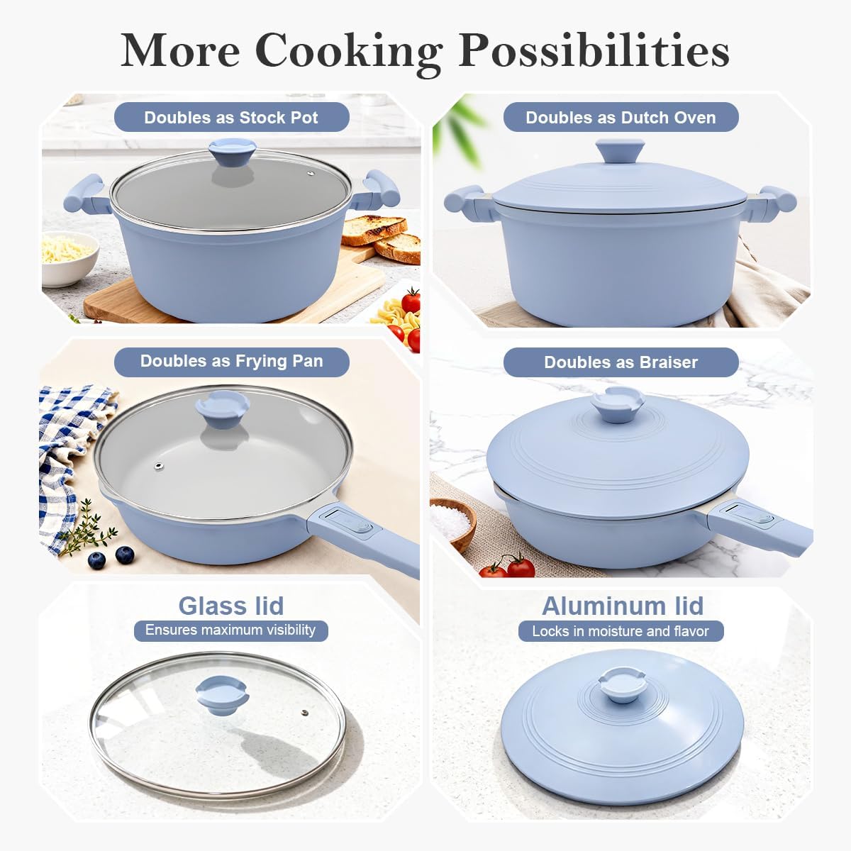 Pots and Pans Set Non Stick, Ceramic Cookware Set, Nonstick Steamer Pot and Pan for Cooking, Kitchen Cooking Set Non Toxic, Induction Compatible, Detachable Handle, Oven Safe, PFOA Free,Blue
