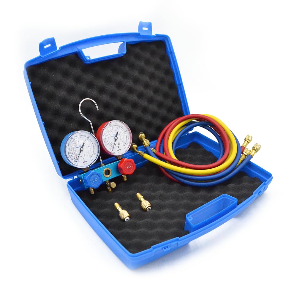 3S SuperSamaStore 2-Wege-Manometer-Satz im Koffer, Klimaanlagen-Manometer-Set für die Kältemittel R32, R410A, R407C, R134a, mit 3 Schläuchen (150 cm) mit 1/4" SAE-Anschlüssen und 2 5/16"-Adaptern