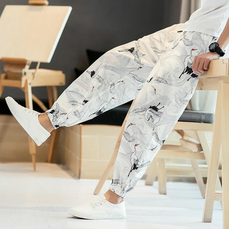 Pantalon long décontracté avec imprimé asiatique et coupe ample fluide - 5