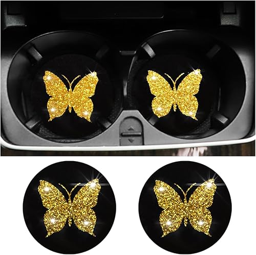 Miniatura 1 de Posavasos de mariposa para automóvil, paquete de 2 posavasos universales de 2.75 pulgadas con inserción antideslizante, con diamantes brillantes,