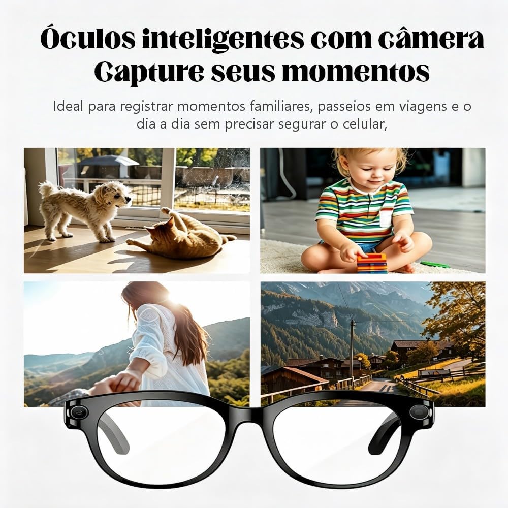 Óculos inteligentes com câmera 2MP, assistente virtual IA, tradução instantânea, reprodução musical, chamadas telefônicas, Wi-Fi 6 Bluetooth 5.4, bateria longa duração, carregamento USB-C Óculos inteligentes com câmera 2MP, assistente virtual IA, tradução instantânea, reprodução musical, chamadas telefônicas, Wi-Fi 6 Bluetooth 5.4, bateria longa duração, carregamento USB-C