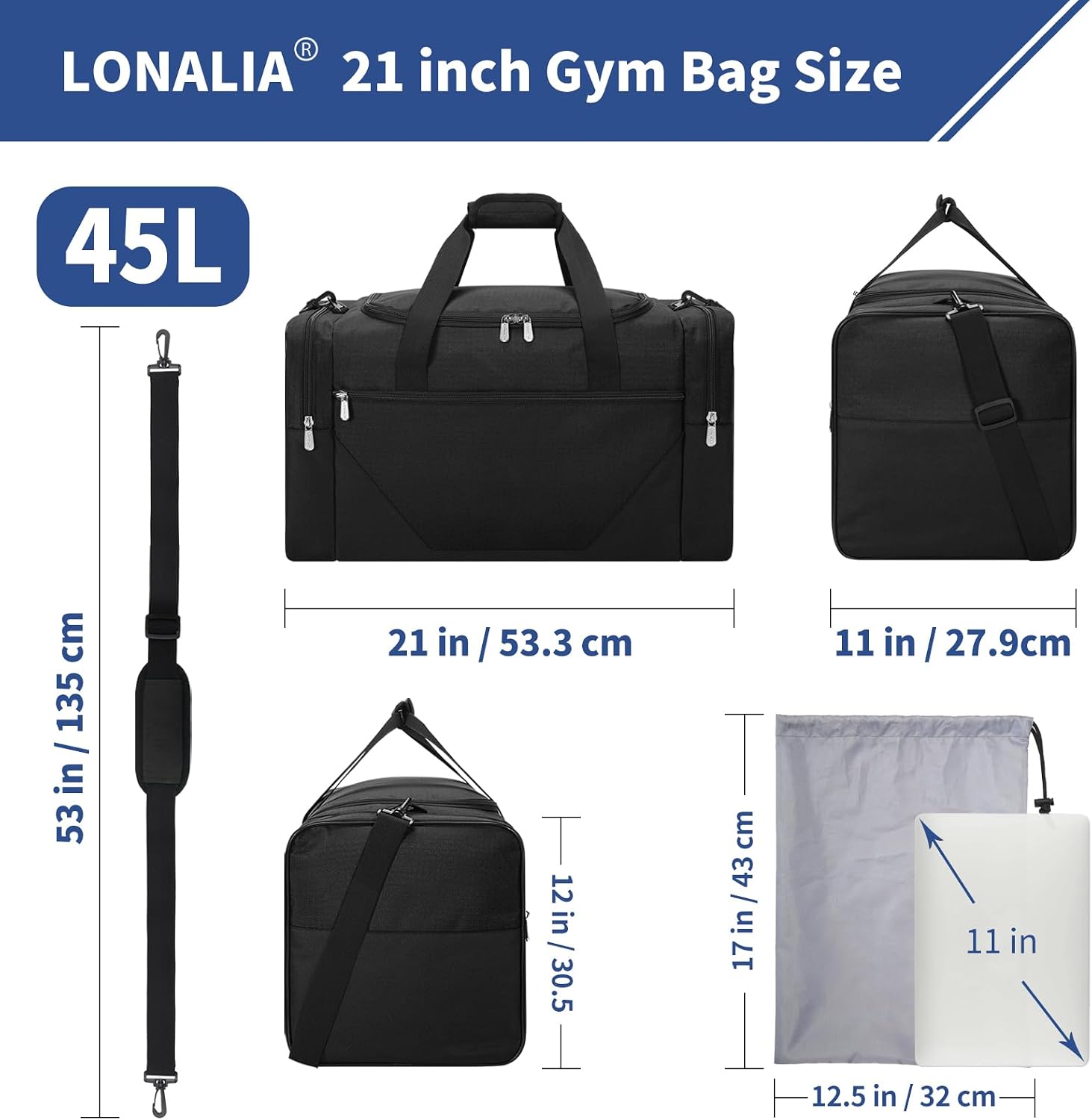 45L Sport Duffle Bag for Men - 21 inch Duffle Bag with Shoe Pouch and Wet Pocket for Travel, Workout, Fitness, Training (Black)