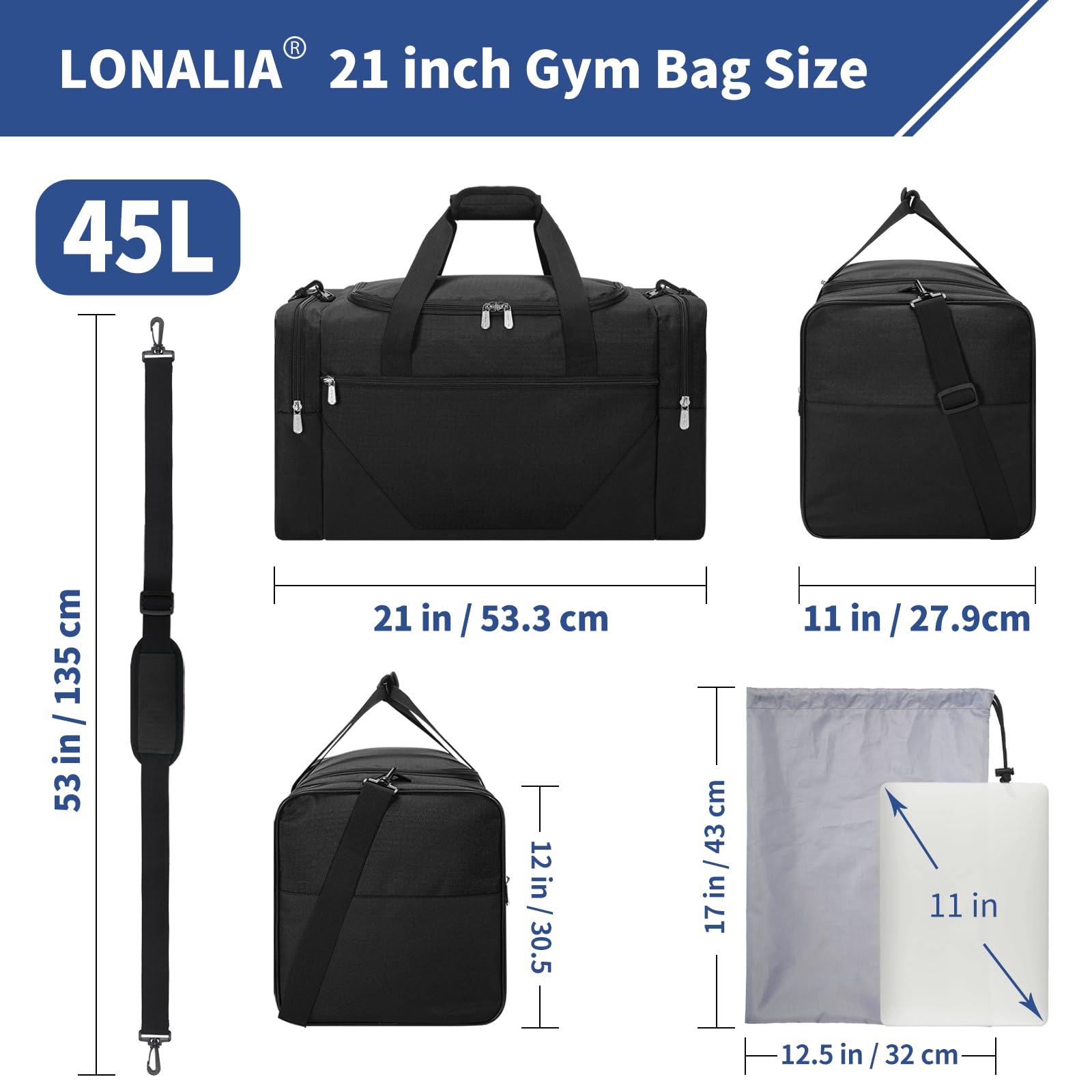 Sac de Sport 45L avec Poche Humide et Compartiment à Chaussures - 53 * 28 * 30.5 cm Sac de Voyage avec Multi Poches et Un Pochette à Chaussures pour Sport, Weekend - Noir - 3
