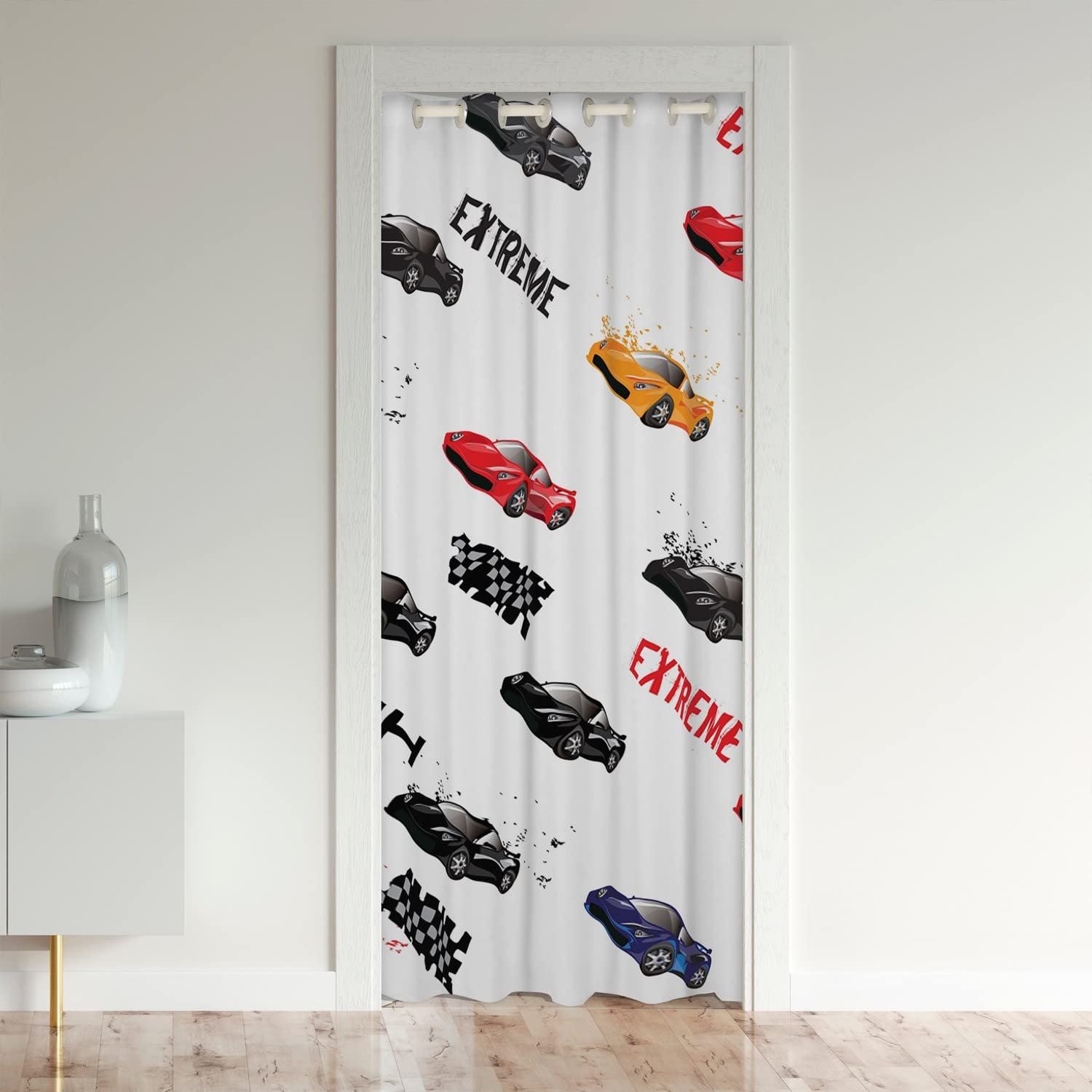 Loussiesd Cartoon Car Door Curtain for Doorway Privacy Race Car 30%-50% Room Darkening Blackout Curtain Cool Speed Sports Car Extreme Sports Black Red Room Divider Curtain Cover 132x203cm