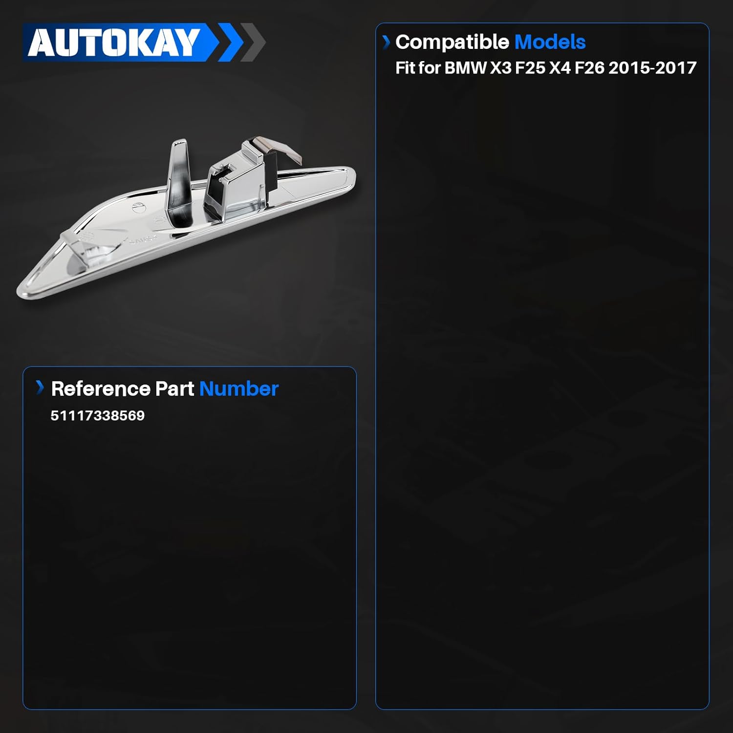 AUTOKAY Left Driver Side Fender Chrome Emblem Moulding for BMW X3 F25 X4 F26 2015-2017 Front Fender Chrome Finisher Trim 51117338569