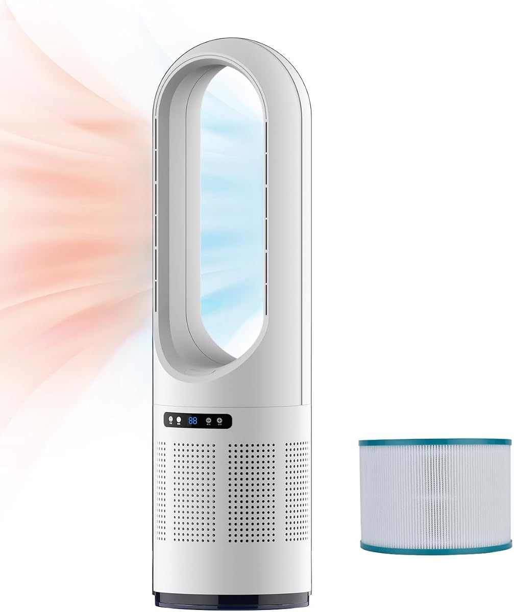3 IN 1 Tower Fan, 31.5Inch Cooling & Heating Bladeless Fan with HEPA Filter 99.97%, Heater Fan Floor Fan Combo 80° Oscillating with Remote, 8H Timer for Indoor, Bedroom, Home Office Room