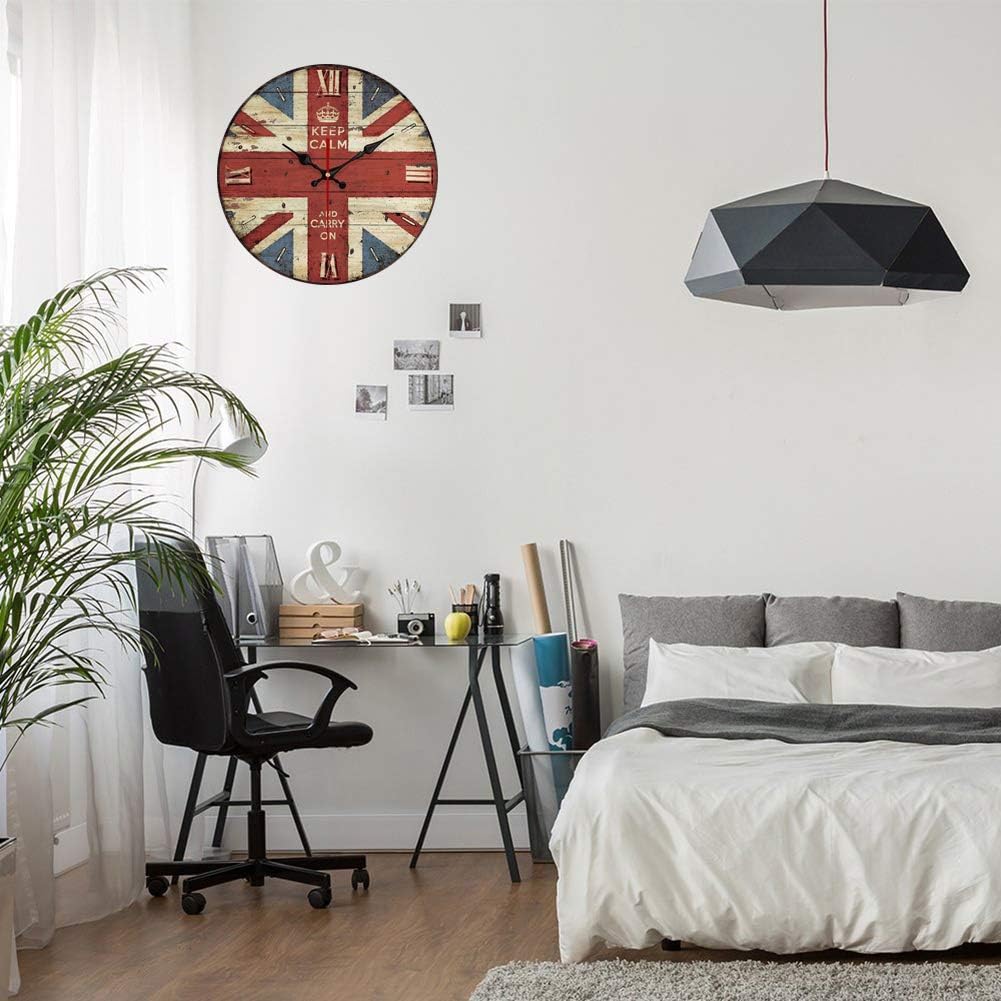 YeYo The Union Jack Wall Clock MDF Wooden Fashion Silent Wall Clock Art Decorative for Home Living Room Bedroom Office Decoration (14inch)
