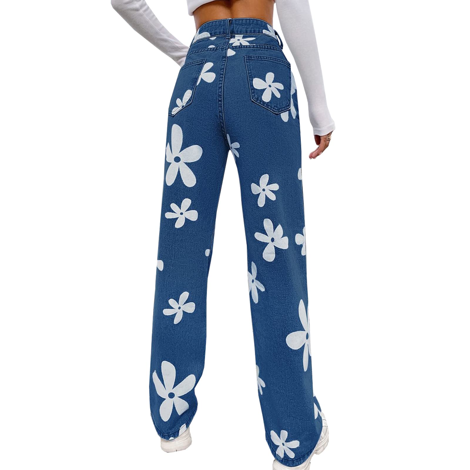Women's Flower Print Y2K Fashion Wide Leg High Waist Denim Pants Boyfriend Jeans Loose Fit Vintage Jeans for Teen Girls