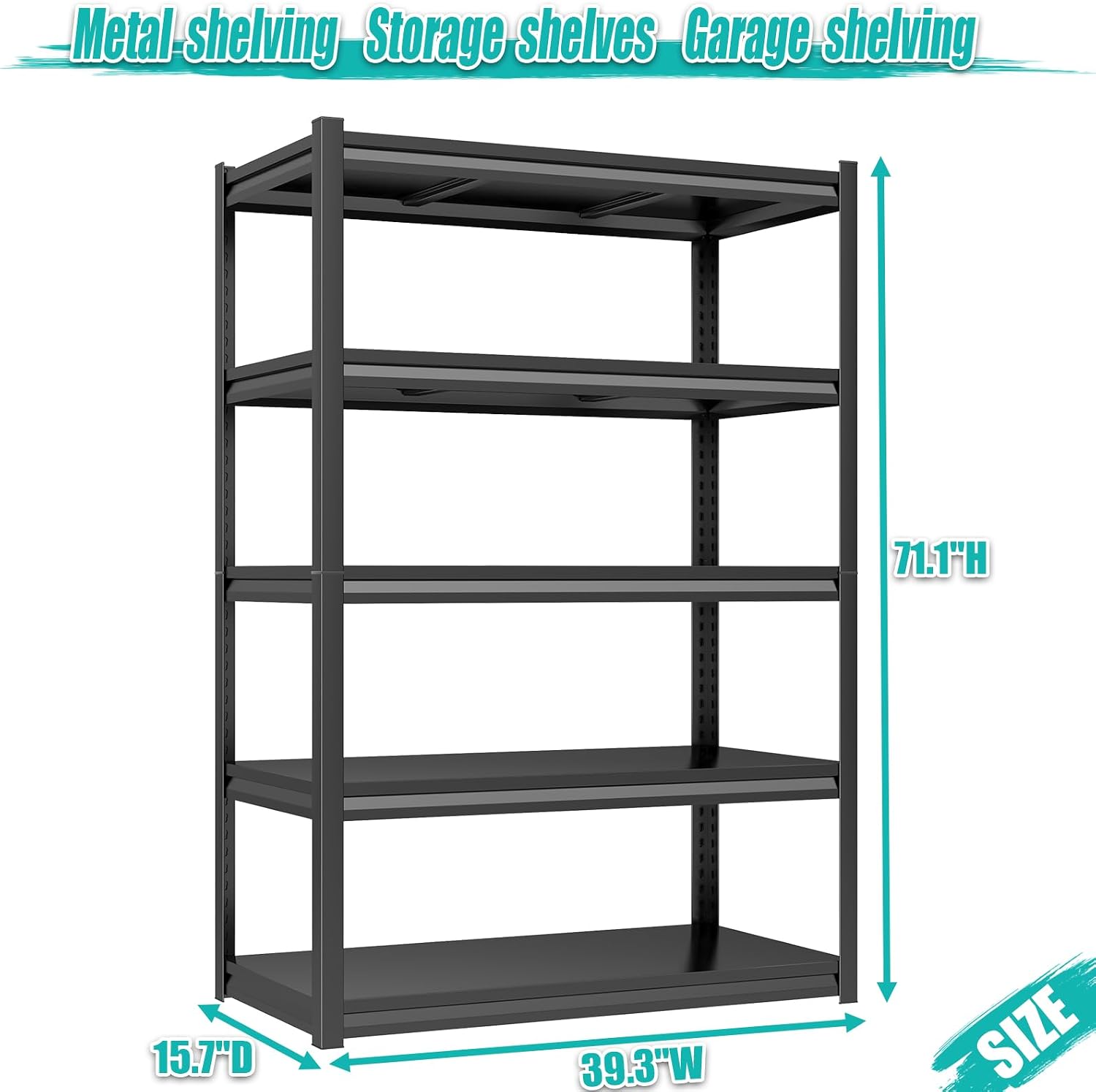 72" H Garage shelving 3000LBS Storage Shelves 5-Tier Adjustable Metal shelving Unit heavy duty storage rack For Shop Warehouse Industrial Pantry Basement Kitchen(15.7" D x 39.3" W x 71.1" H),Black