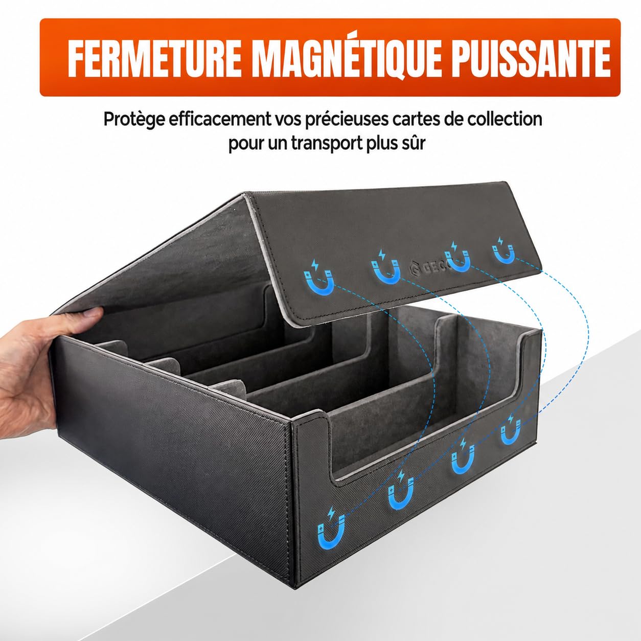 GECO® Boîte de rangement pour plus de 2400 cartes à collectionner – Noire | Deck box magnétique avec 12 séparateurs et 4 cales-cartes – Boîte premium pour cartes et accessoires