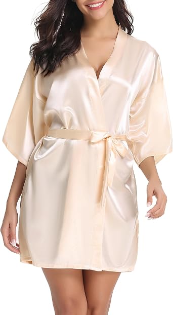 Vlazom Womens Kimono Robes Dressing Gown Satin Bathrobe Nightdress Short Style Bridal Robe with Oblique V-Neck