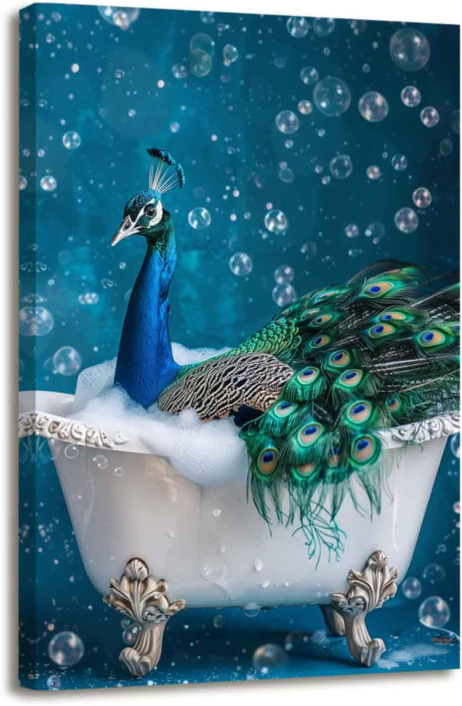 ZSHARTSWD Peacock Bathroom Canvas Wall Art Elegance Blue Peacock In Bathtub Picture Prints Funny Animal Bathroom Painting for Modern Toilet Decor Framed (16.00" x 24.00")