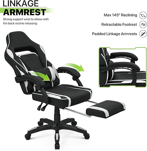 Miniatura 6 de Magshion Silla ergonómica para juegos con soporte lumbar desmontable, reclinable y giratoria de 360 grados, estilo carreras de piel sintética, silla