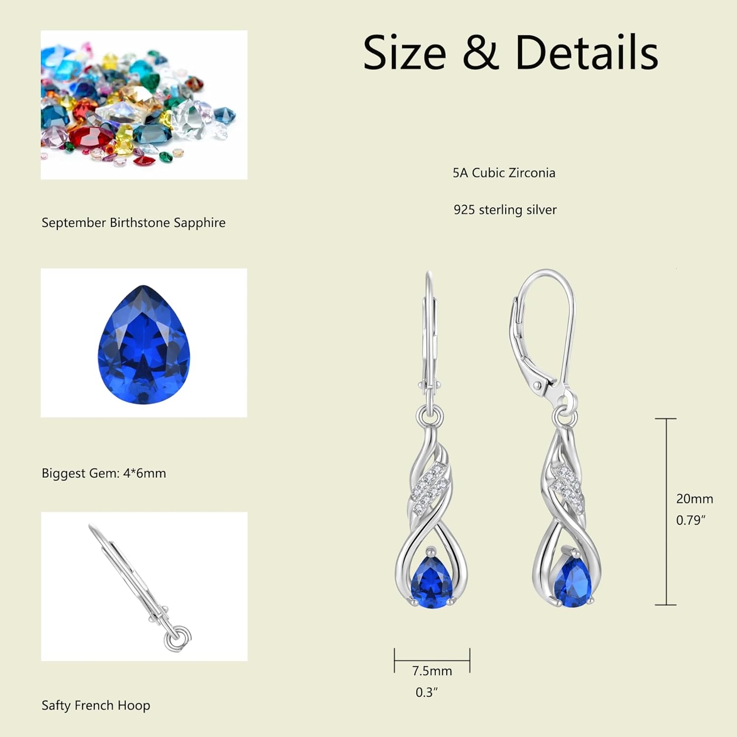Women 925 Sterling Silver Birthstone Infinity Teardrop Leverback Drop Dangle Earrings 4 * 6mm 5A Cubic Zirconia Jewelry for Her - Image 3