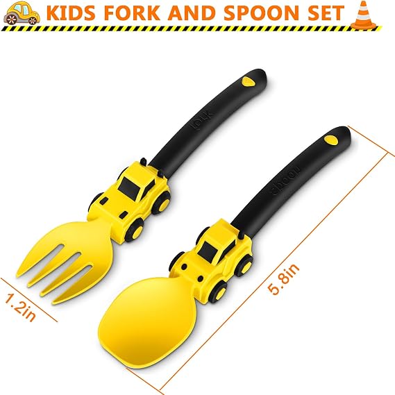 Toddler Cutlery Set, Construction Fork & Spoon for Self Feeding, Ages 1-5