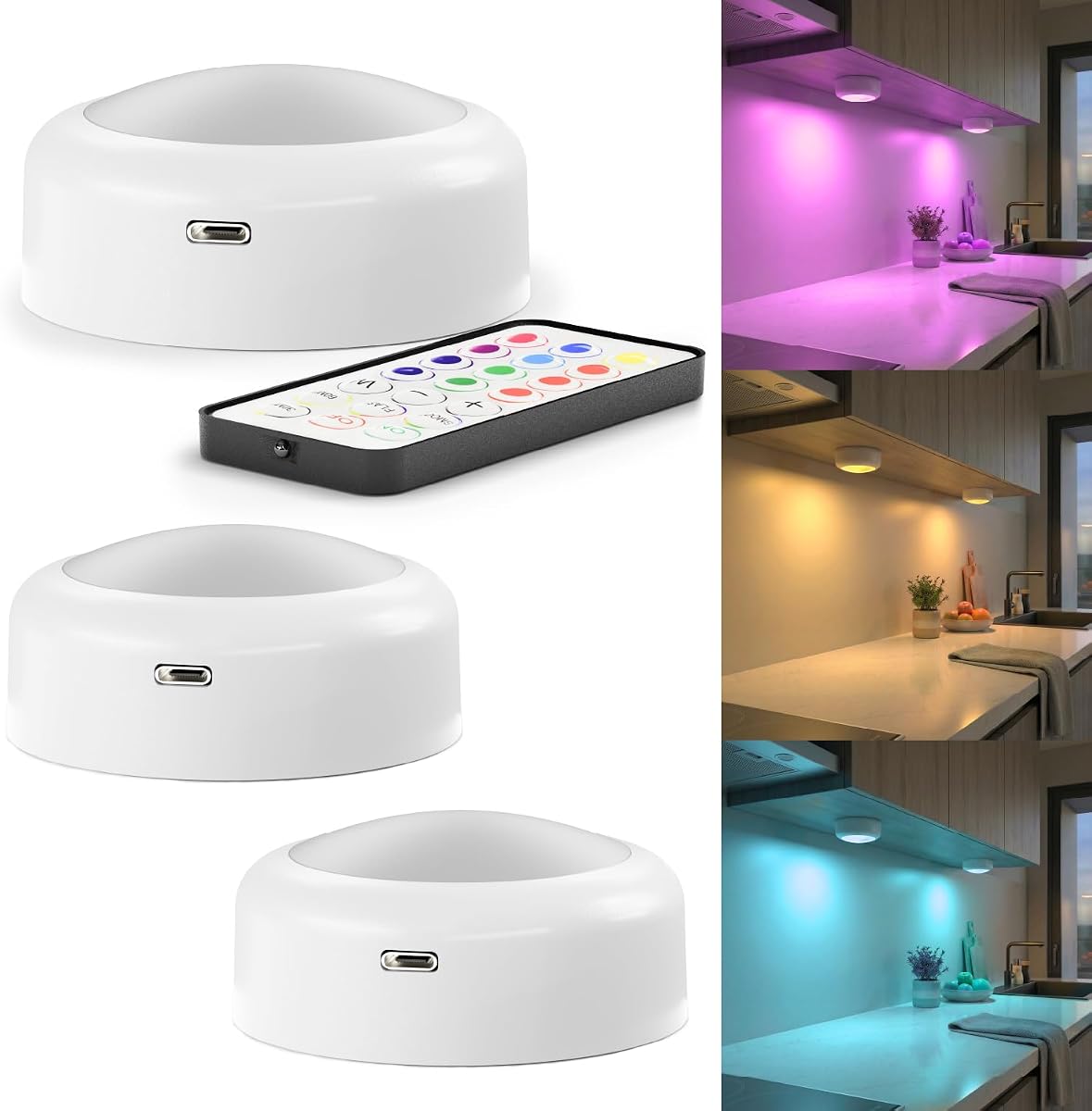 Sunco Paquete de 2 luces LED recargables, RGB, regulables | Control Remoto, Control Táctil, Montaje Magnético, Montaje Adhesivo, Debajo del Gabinete, Cambio de Color, para Dormitorio, Pasillo, RoHS