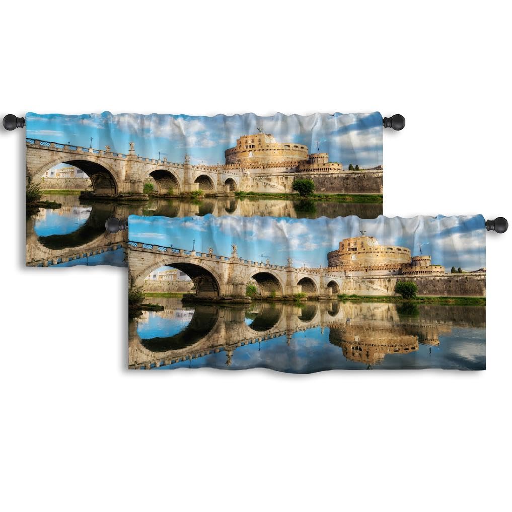 LALILOBlue River Sky Kitchen Curtains Sets for Windows Valances Italy Ancient Famous Tourist Italy Building Ancient Ancient Curtains for Kitchen Living Room Bathroom Window Set of 2, 52x18 Inch