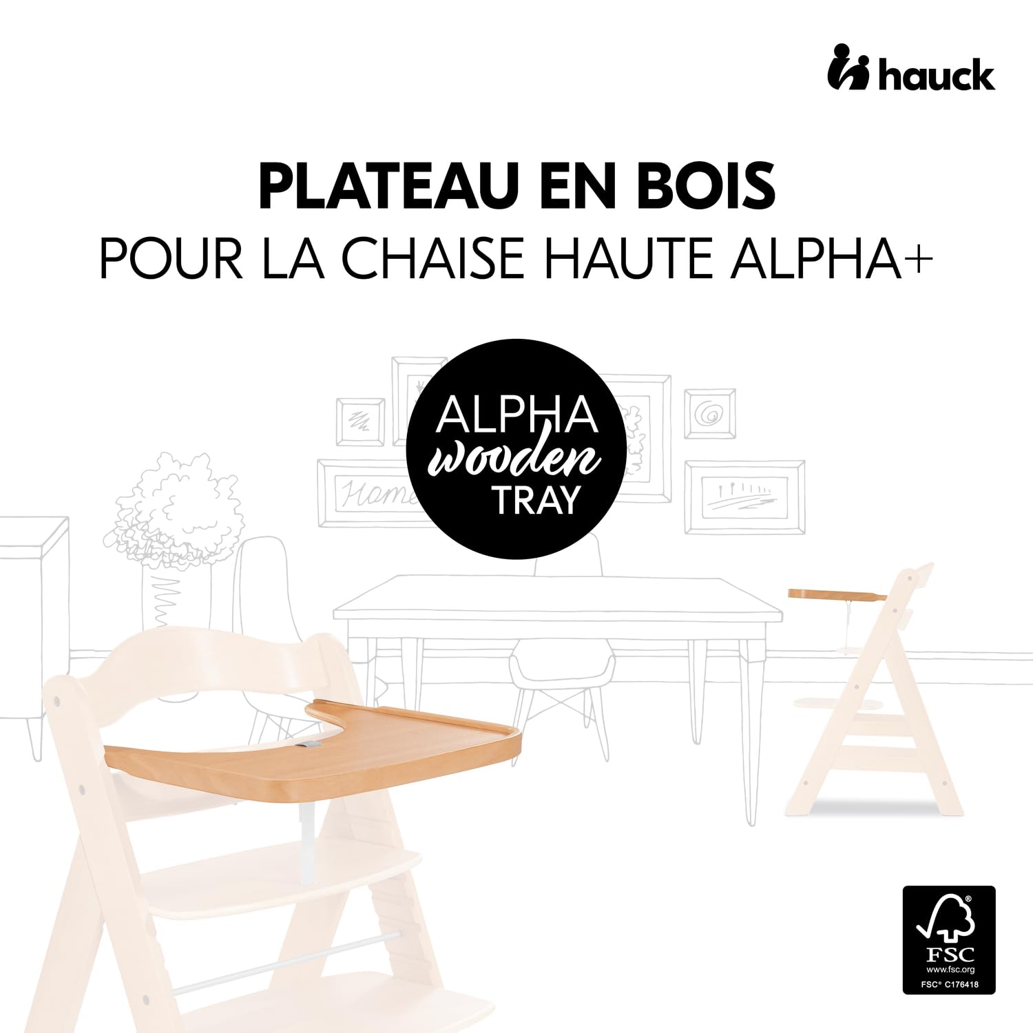 hauck Plateau Bebe Repas pour Chaise Haute Bébé Alpha+ & Beta+ – Tablette Alpha Wooden Tray 6-36 Mois, Bois de Hêtre FSC, Bord Surélevé - Naturel