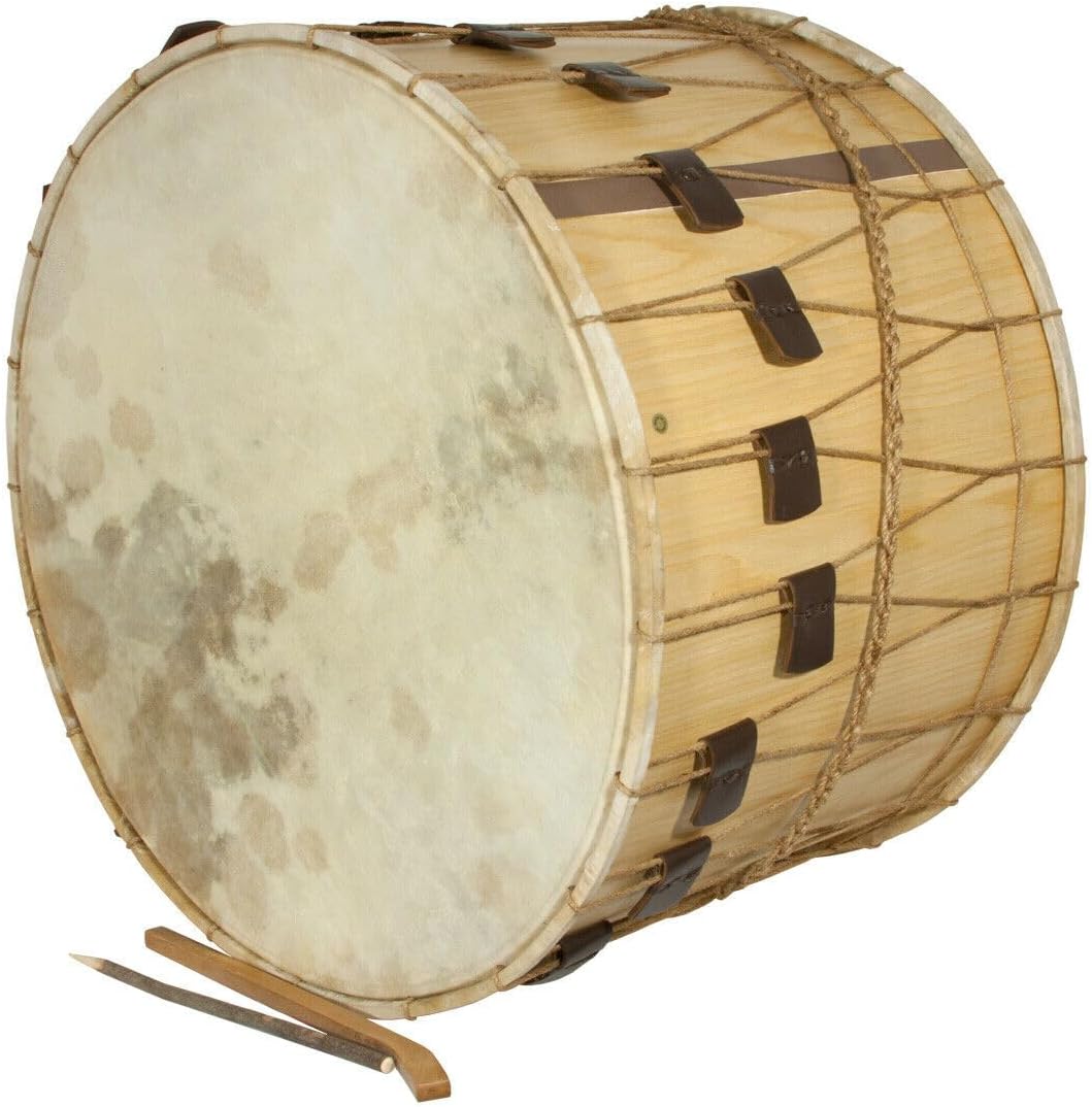 22" inches,(55cm), Marching base drum, wooden frame, buffalo hide, Rope fitted handmade percussion hand drum, deep soft sound + beater & leather belt
