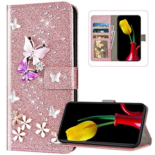 Compatible avec Samsung Galaxy A41 Coque Brillante Glitter Diamant Portefeuille en Cuir Etui Flip Case Bling Strass Papillon Motif Pochette à Rabat Wallet Case Housse pour Galaxy A41,Or rose Cover