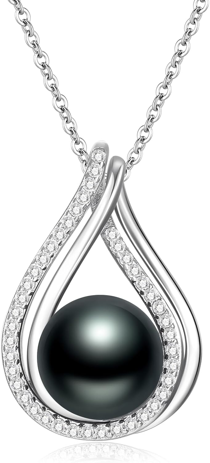 Black Pearl Pedant Necklace Infinity Design For Womens Sterling Silver Forever Love Necklace 10mm Pearl 18"+2" inches Chain Gift For Valentines Mother's day