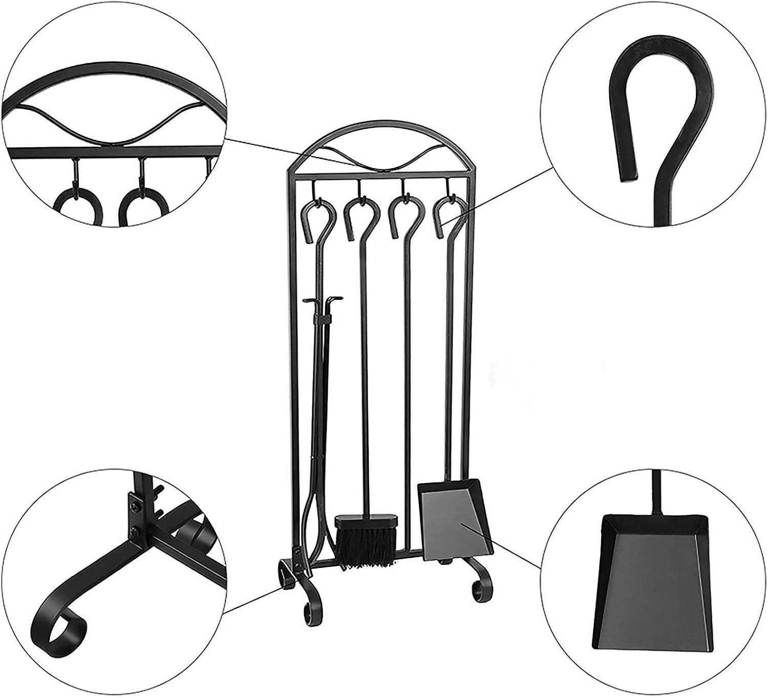 Indoor Outdoor Fireplace Tools 5 Pieces, Large Iron Firewood Tool Set with Decor Holder, Black Log Tongs Tools Kit Sets with Handles