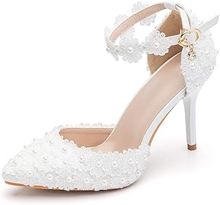 Dress First Women's High Heel Pumps Closed Toe Sandals with Floral Lace Pearls Strap Stiletto Bridal Wedding Party Shoes,... Price In India