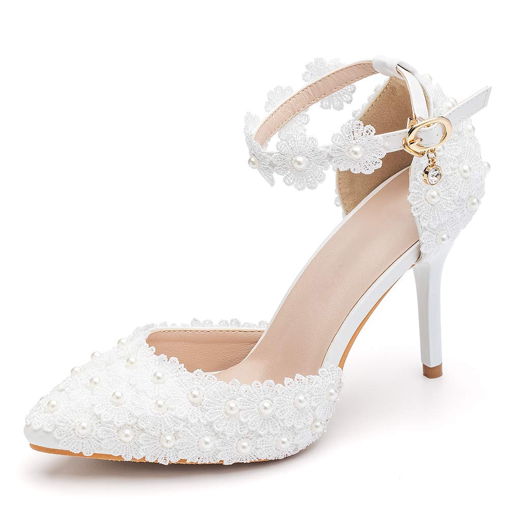 Dress First Women's High Heel Pumps Closed Toe Sandals with Floral Lace Pearls Strap Stiletto Bridal Wedding Party Shoes,... - Review, Price and Buying Guide