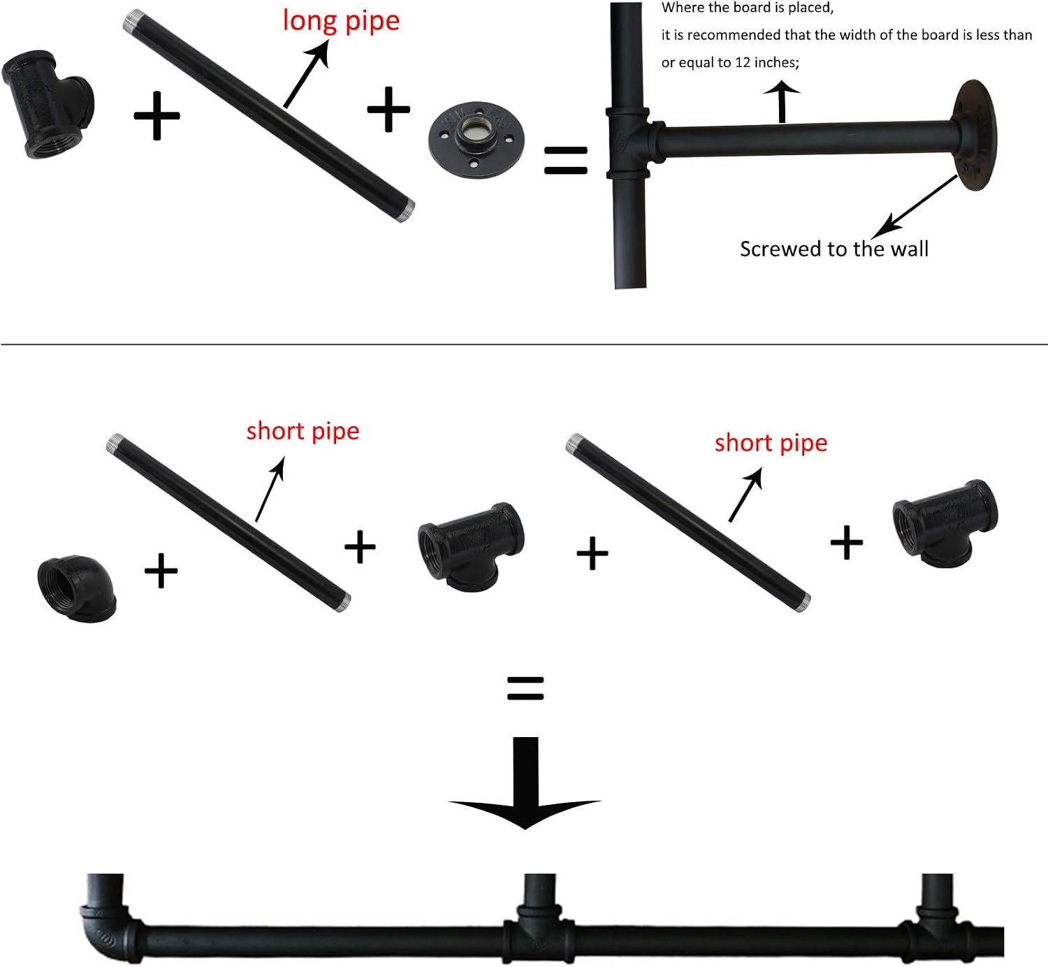 Heroecol 2Pc (28" Tall) (12" Board Wide ) Industrial Iron Pipe Shelf Shelves Bookshelf Bookcase Shelving Bracket Vintage Retro Black Open DIY Storage Home Office Kitchen Wall Mount