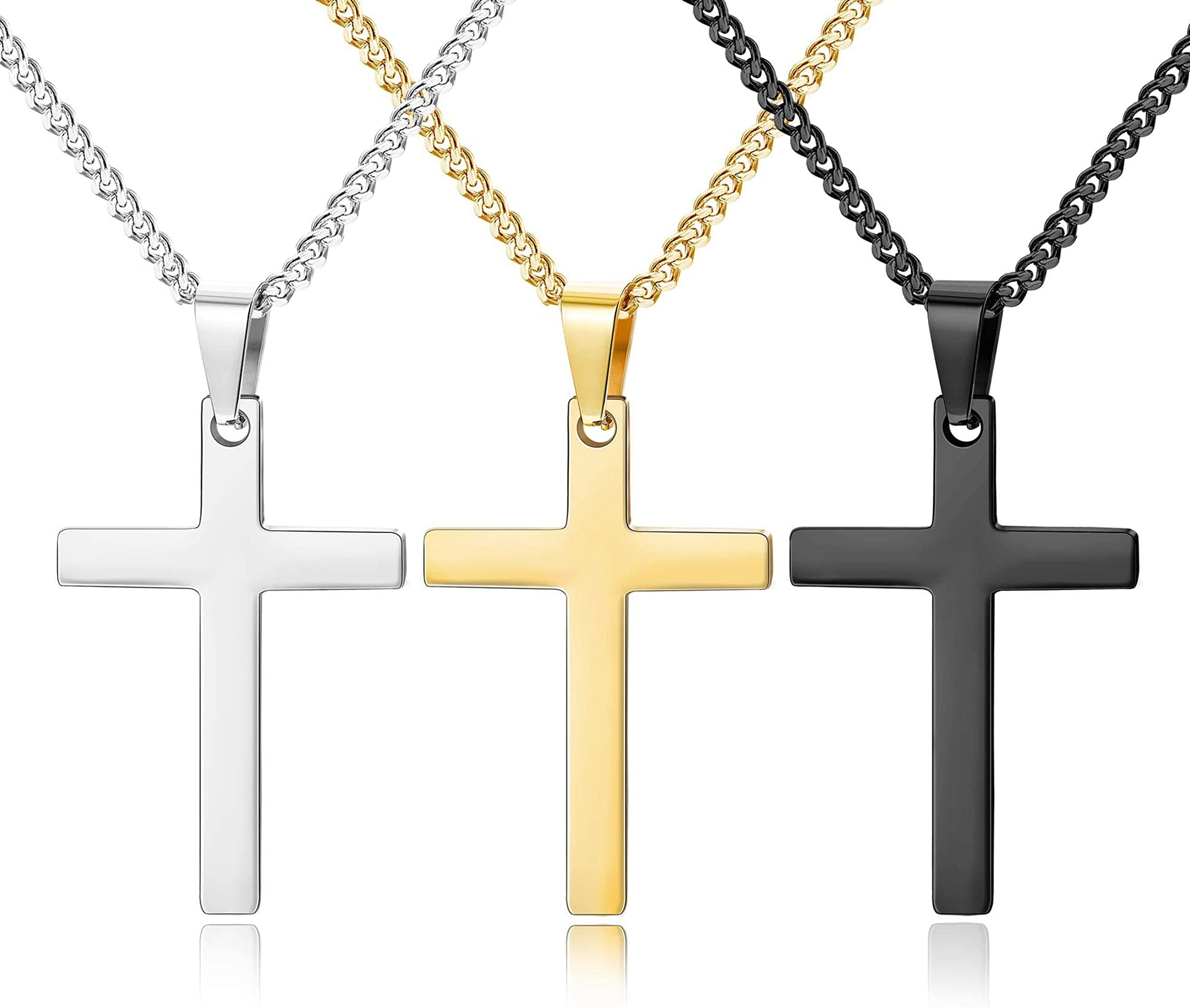 YADOCA 3 Piezas Colgante de Cruz de Acero Inoxidable con Cadena de 50 cm para Hombre y Mujer Plata Oro Negro