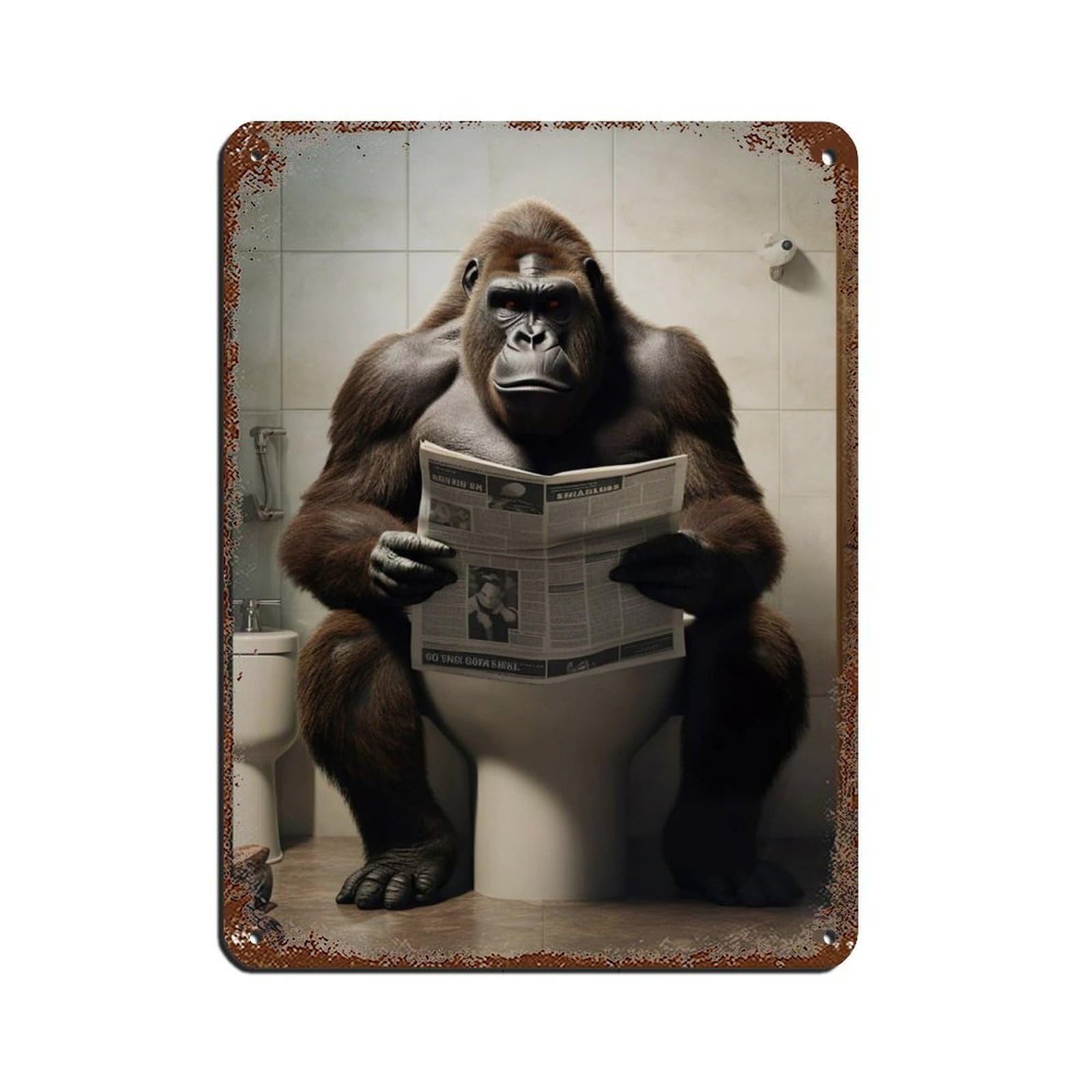 Lxwnze 30L X 40W Cm Gorilla Sitting On The Toilet Reading A Newspaper (5) Retro Poster Metal Tin Sign Chic Art Retro Iron Painting Bar People Cave Cafe Family Garage Poster Wall Decoration 12X16inch(30X40cm)