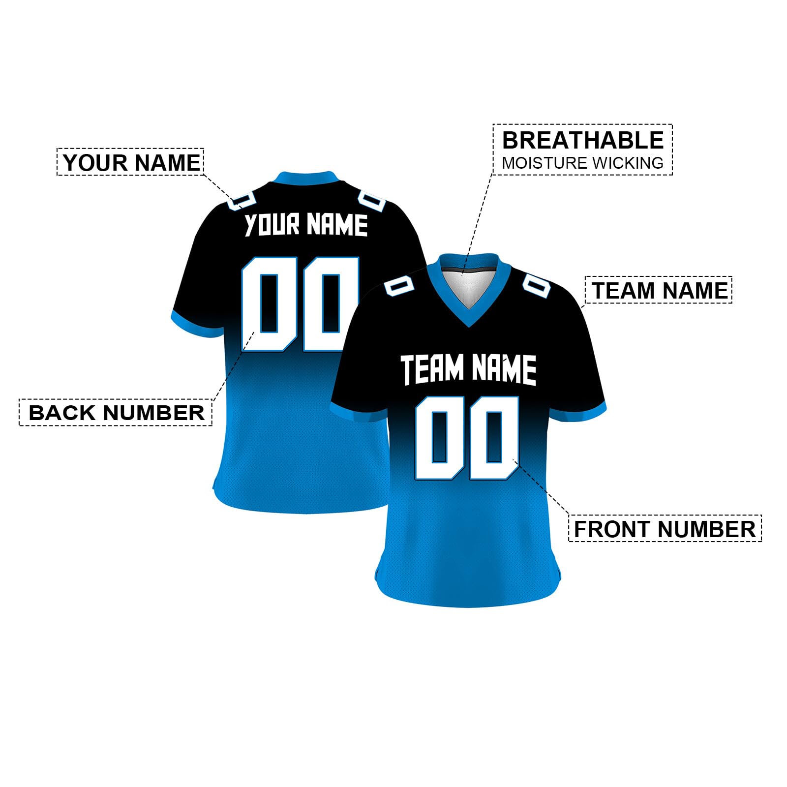 Custom Football Jersey Men Women Youth Mesh Gradient Personalized Name Number Football Team Game Day Clothing Fans Gift Black-Blue