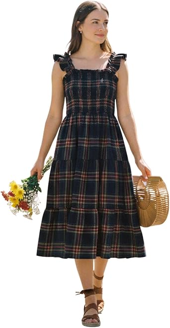 Womens Plaid Smocked Maxi Dress Ruffle Sleeveless Square Neck Gingham Long Dress Flowy Party Beach Cami Sundress