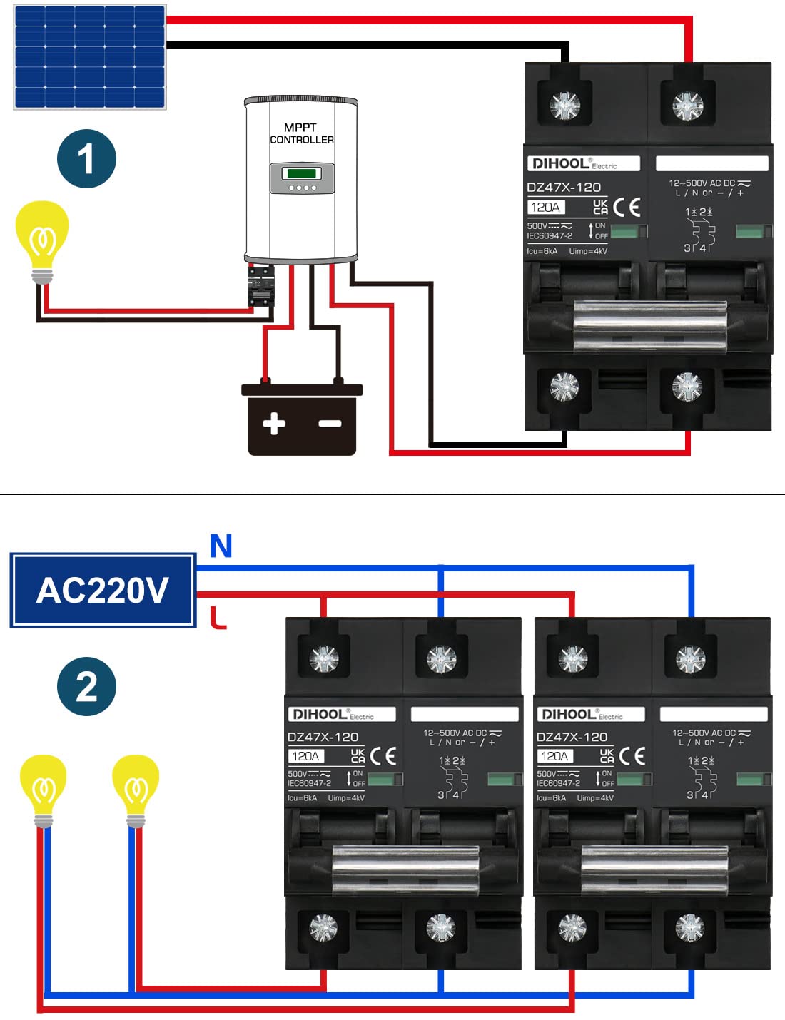 DIHOOL Wyłącznik DC 12V 24V Solar PV Bezpiecznik fotowoltaiczny automatyczny (DC500V,2 Pole 125A)
