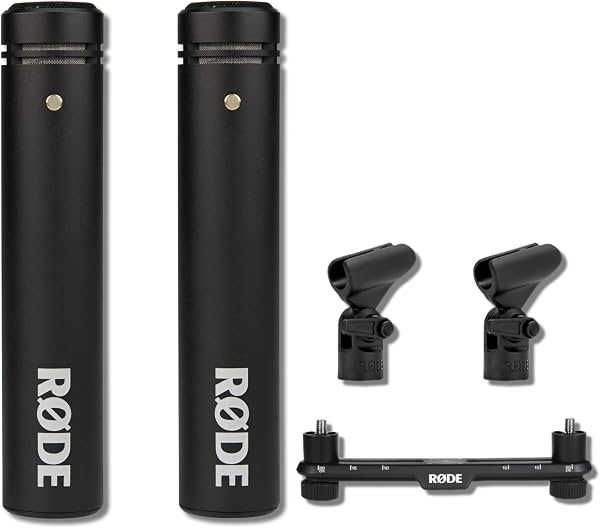 Rode M5-MP Par de micrófonos de condensador de diafragma pequeño cardiode con barra estéreo SB20 — Par de micrófonos lápiz XLR de 19 dB-A para overheads de batería, coro, piano y grabación de guitarra acústica XLR