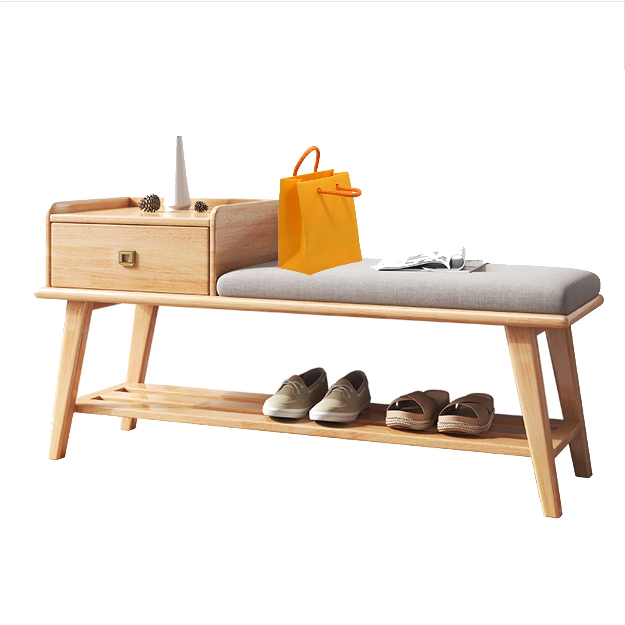 Banc à chaussures en bois massif avec coussin confortable pour couloir et entrée