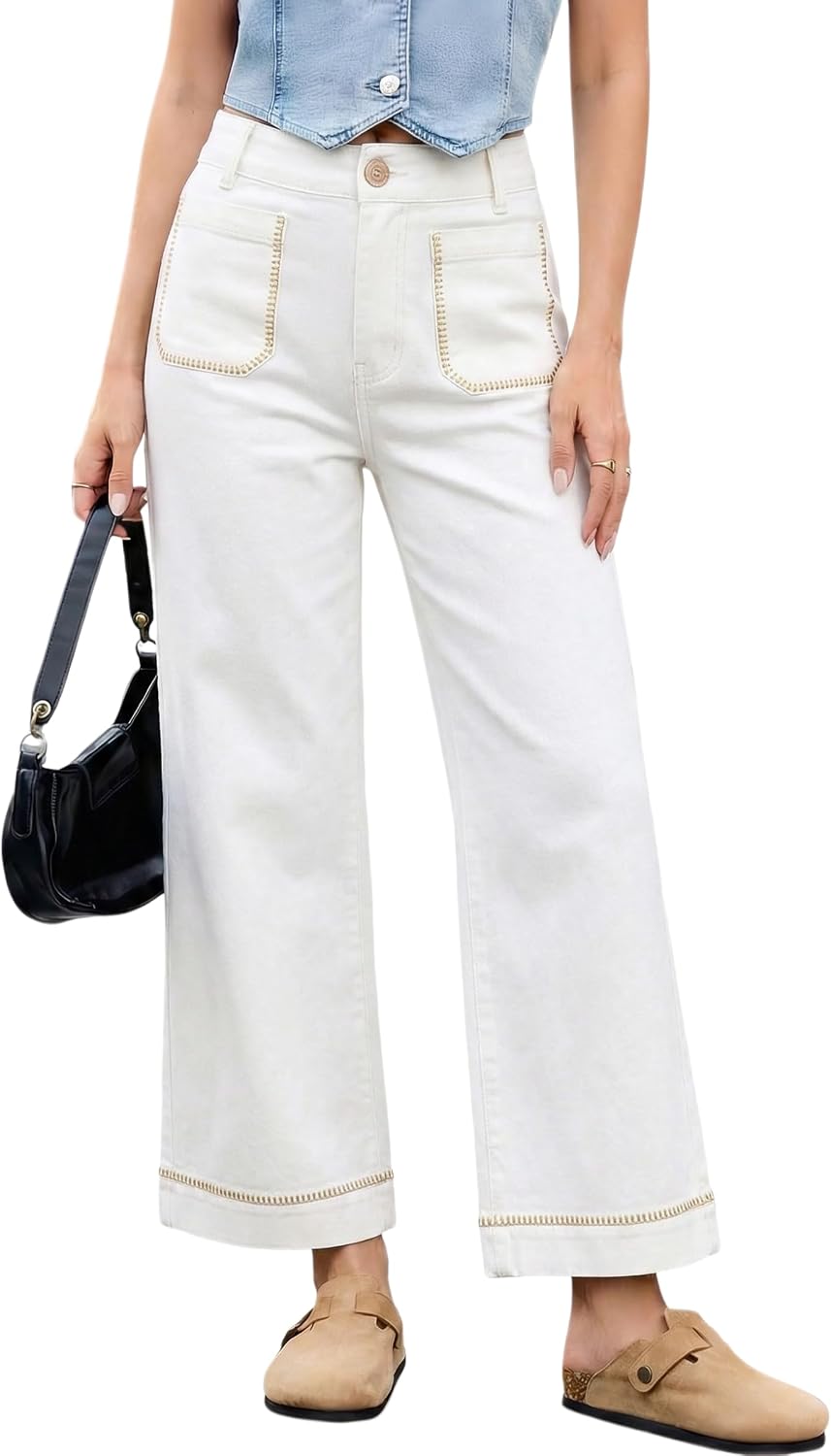 Dokotoo Womens Wide Leg Jeans High Waisted Stretchy Straight Leg Jeans Contrast Stitching Cropped Ankle Denim Pants