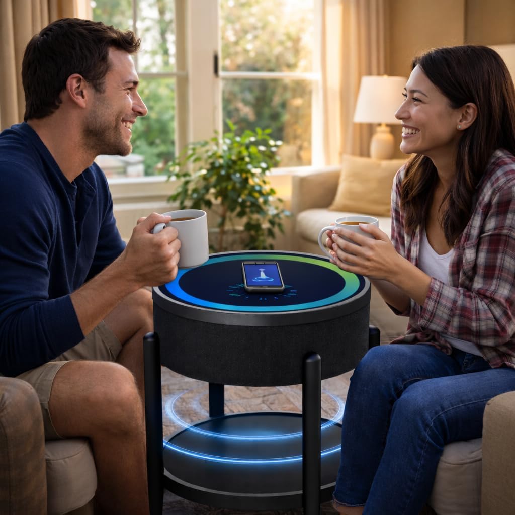 LED Smart Floor Standing Bluetooth Speaker with Wireless Charging, 65W HiFi Sound System, RGB Lights, Round Tempered Glass Touch Panel, USB/Type-C/AUX Ports, Modern Design, Black