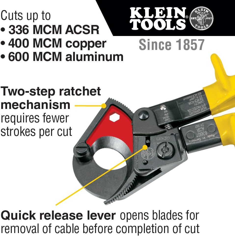 Klein Tools 63607 Cable Cutters, Ratcheting Wire Cable Cutter Tool Cuts Copper, Aluminum, and ACSR