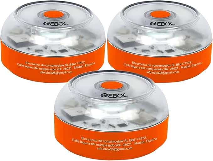 EBOX Luz Emergencia V16 Homologada DGT con Geolocalización, Baliza Coche Conectada DGT 3.0, Datos Incluidos hasta 12/2038, Pack 3 Unidades