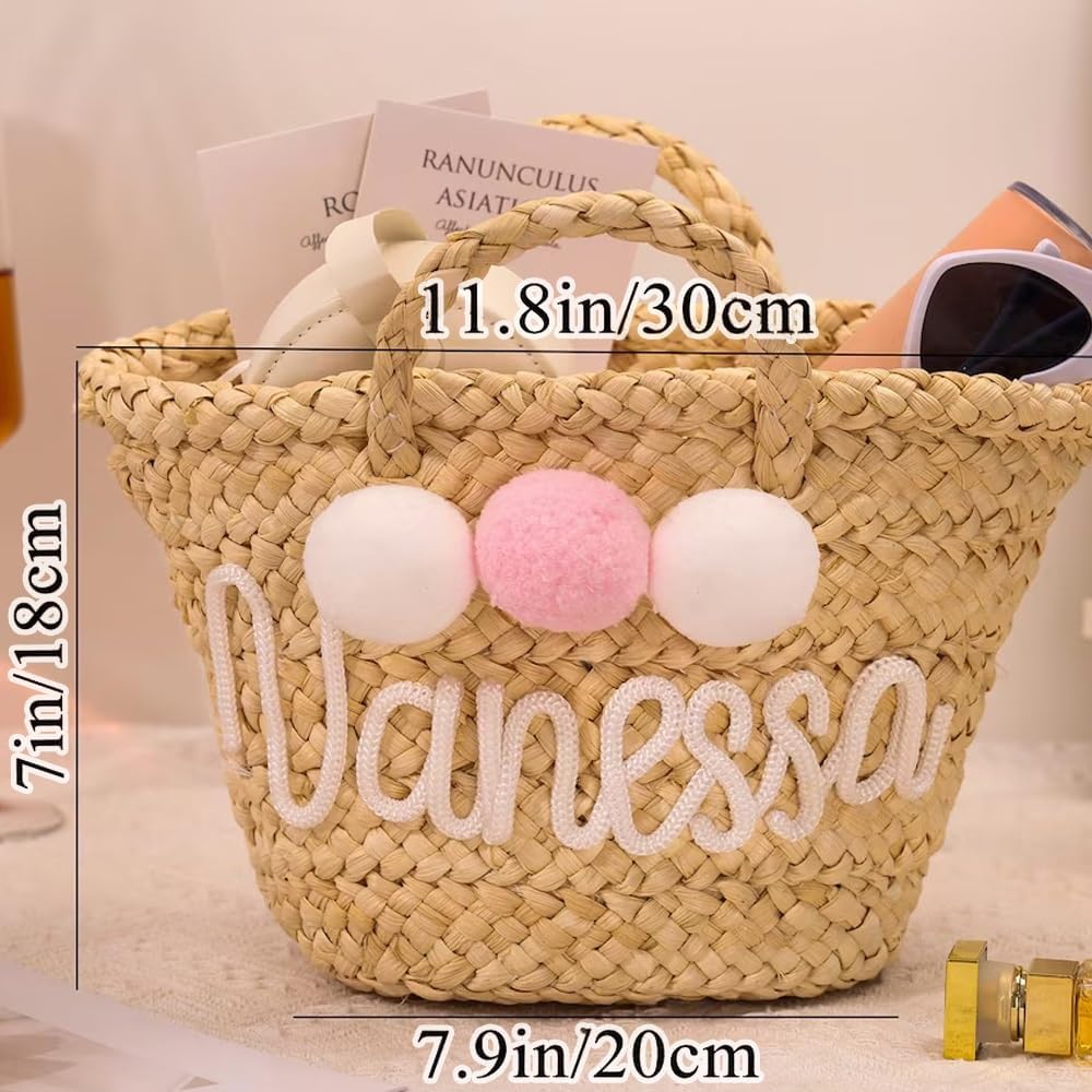 Personalized Straw Bridesmaid Handbag with Name, Customised Wedding Bridal Shower Gift Flower Baskets, Summer Travel Fashion Beach Bags, Handmade Mini Storage Bag