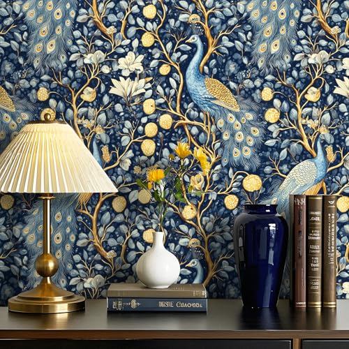 iPaste 17.5"x237" Blue Gold Peacock Peel and Stick Wallpaper Botanical