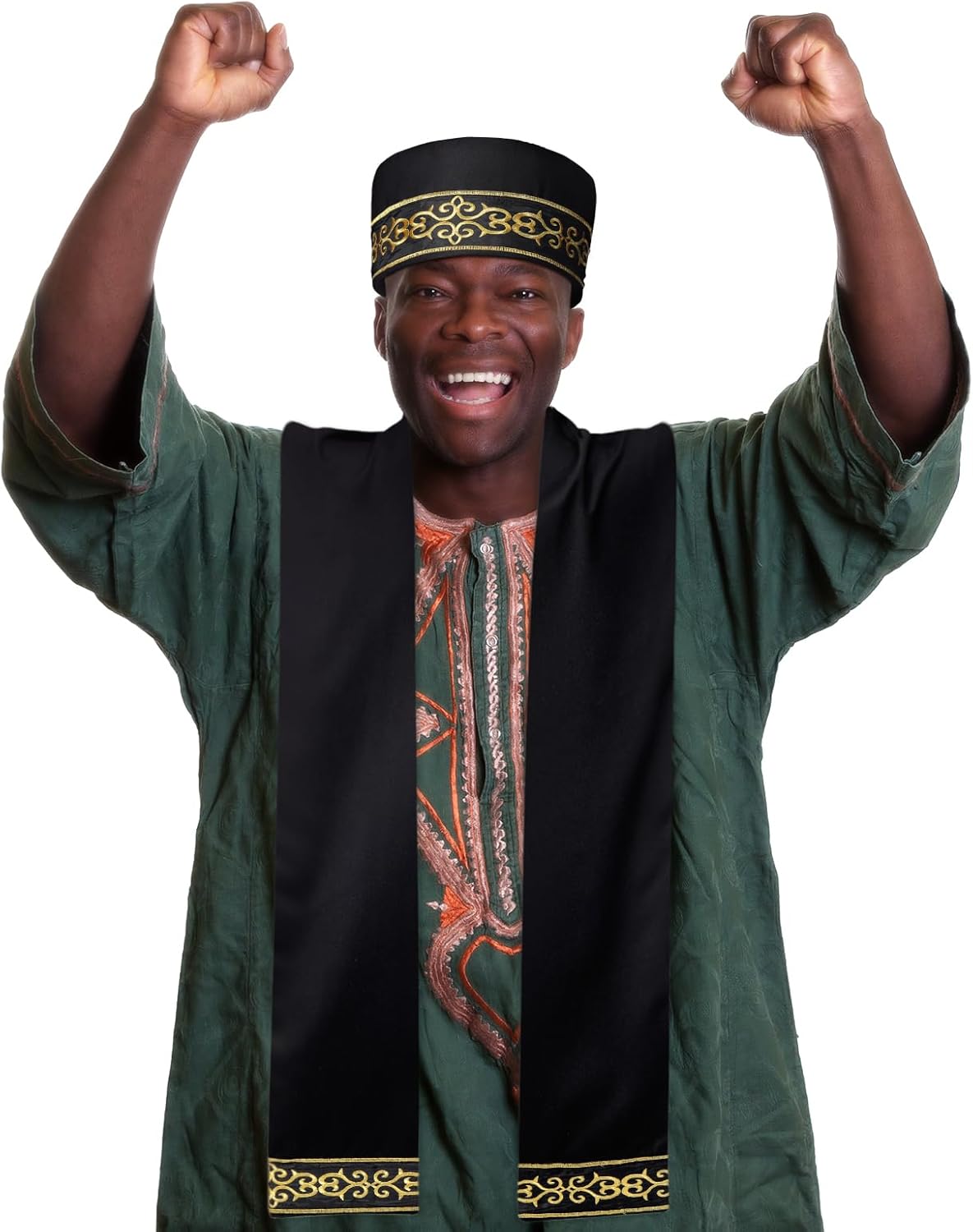 Jiuguva 2 Pcs African Hats for Men Pattern African Kente Kufi Hats and Stole Sash for Black History