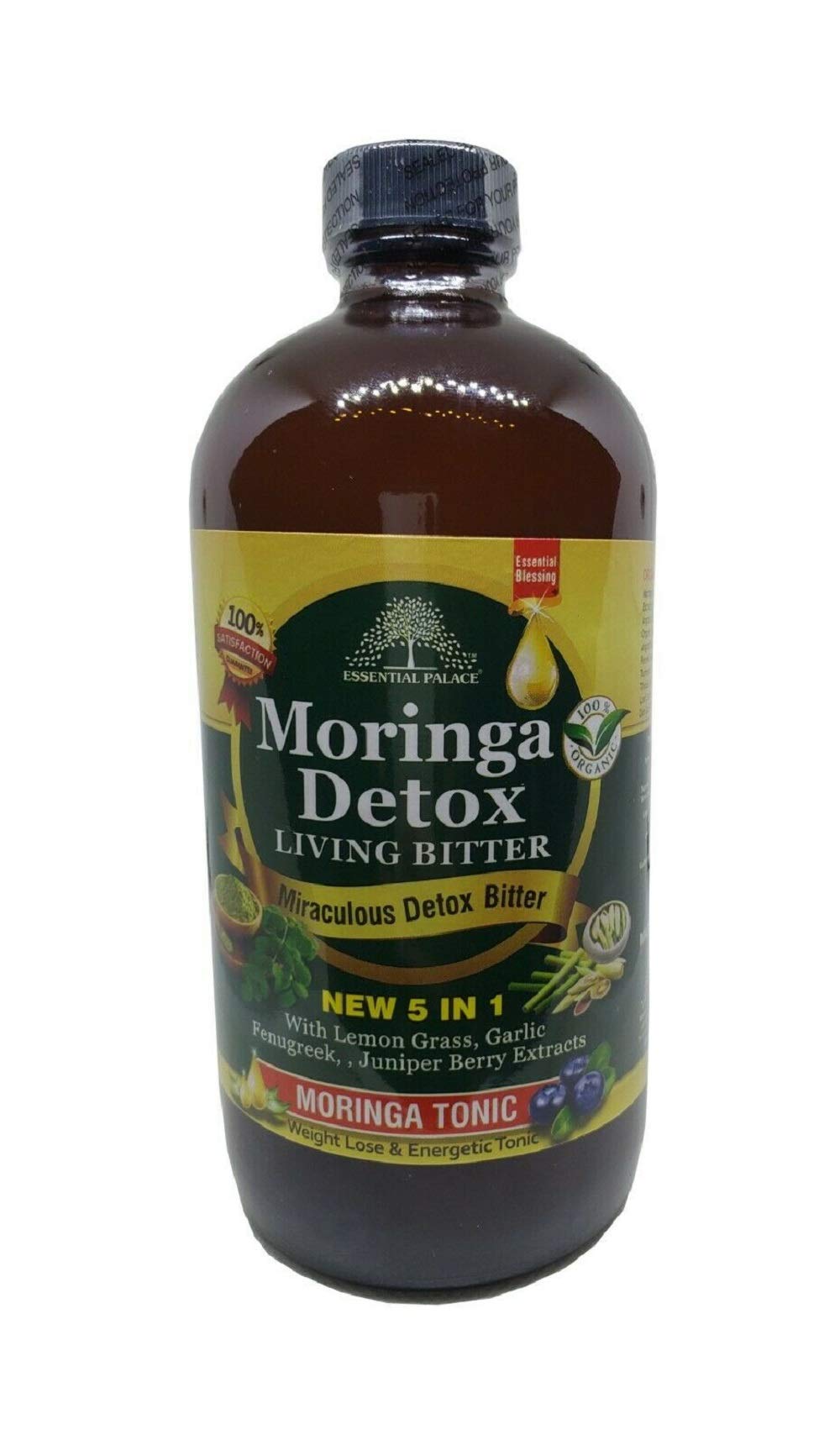 Essential Palace Organic Moringa Detox Living Bitters-Super Antioxidant Anti Inflammatory Gluten-Free, Unfiltered, Vegan, Non-GMO, Unrefined, Halal - Anti Diabetic All Natural Ingredients - 16 FL OZ