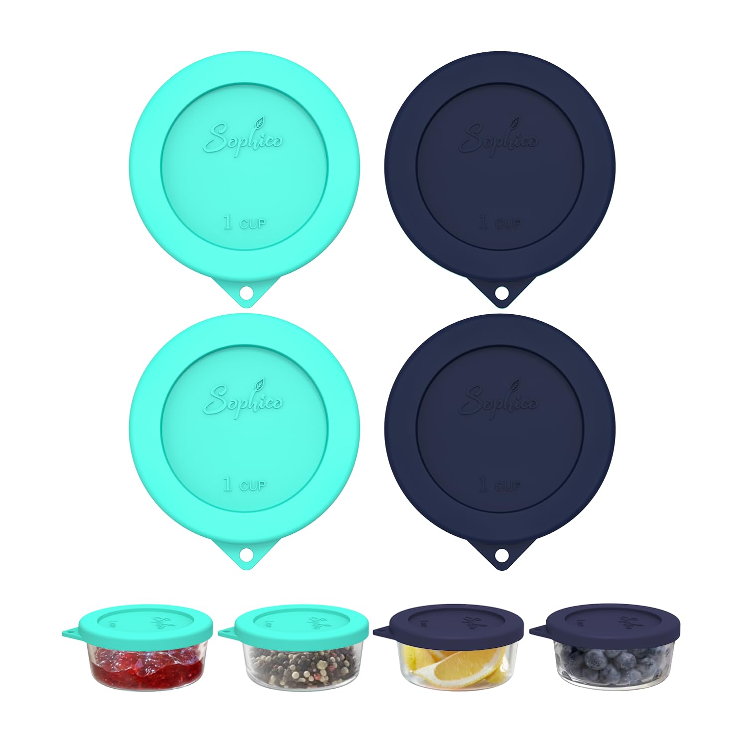 Sophico 1 Cup Round Silicone Storage Cover Lids Replacement for Anchor Hocking and Pyrex 7202-PC Glass Bowls (Container not Included) (Mint - Navy Blue)
