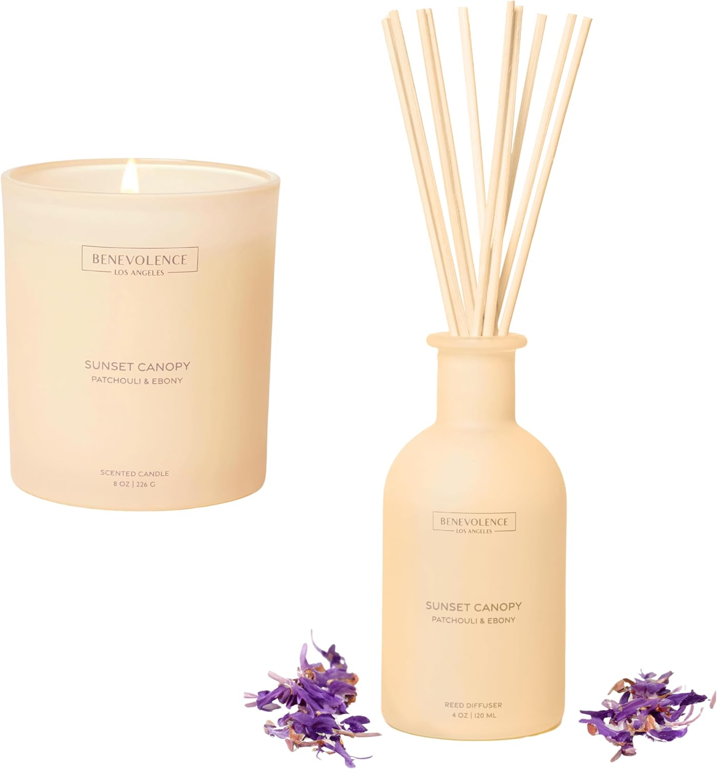 Benevolence LA Sunset Canopy Reed Diffuser and 8oz Scented Candle Set | Patchouli & Ebony | Luxurious Home Fragrance Diffuser and Candle | Malibu Sands Collection