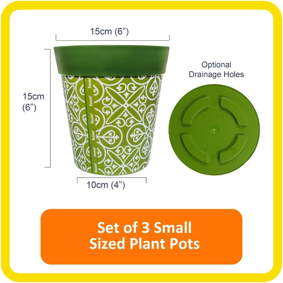 Hum Flowerpots, 6 inch, Set of 3, Various Patterns Colors and Sizes, Indoor/Outdoor Plastic Plant Pots, Multi Maroc