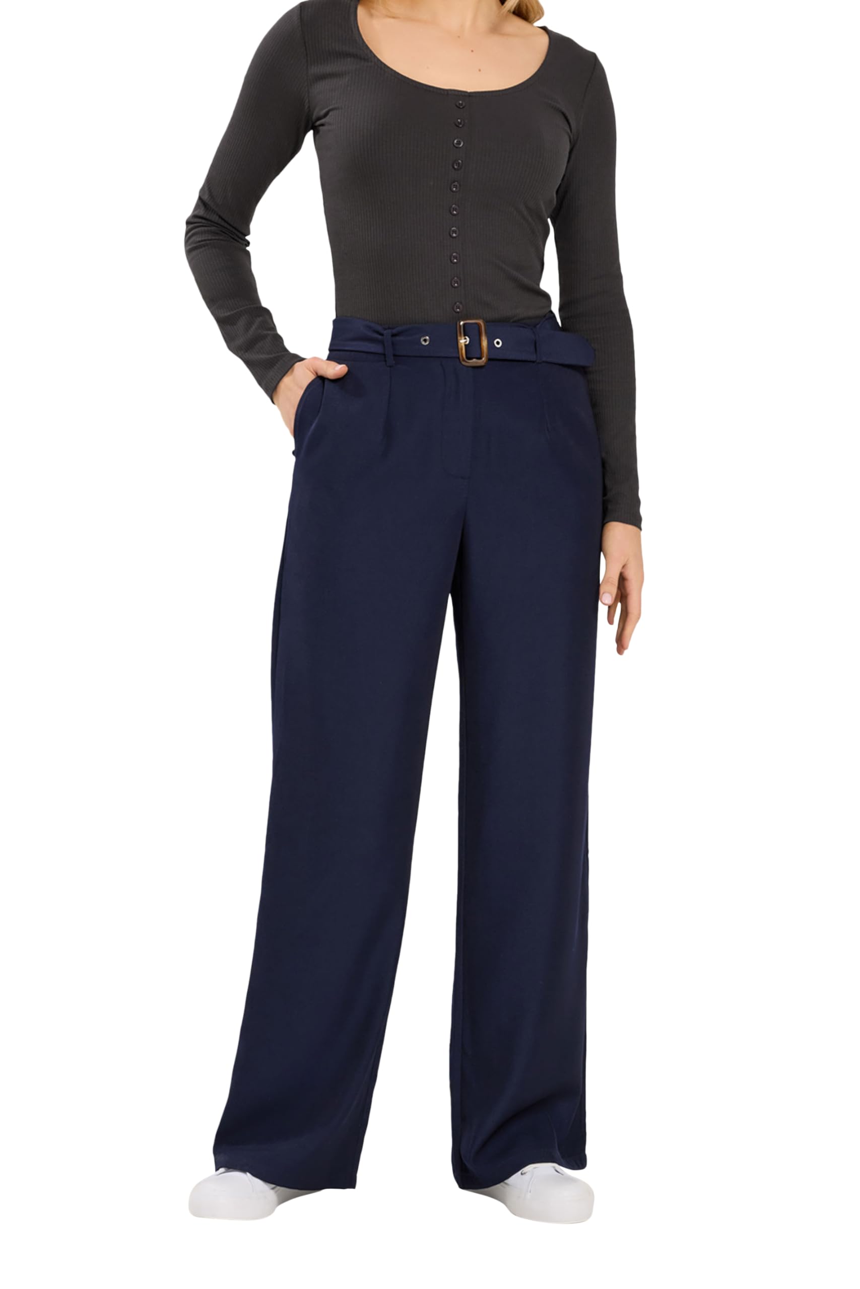 Long Tall Sally Women's Tall Belted Wide Leg Trousers in Mid Navy | Size: 10XL