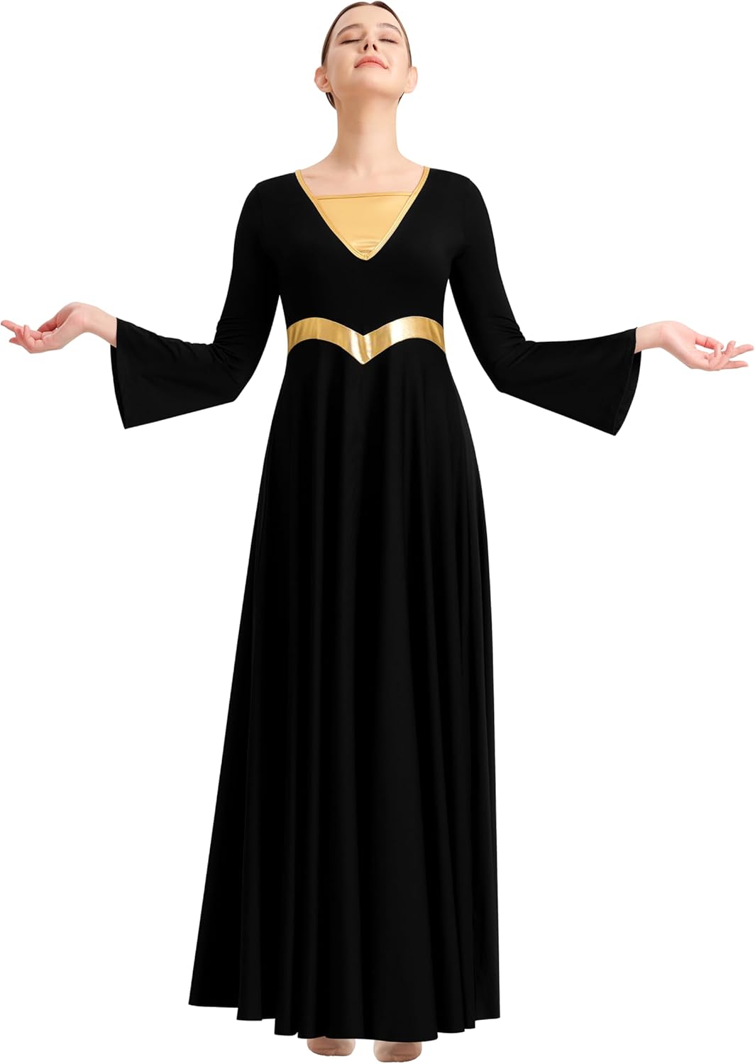Women Praise Dance Dress Loose Fit Full Length Liturgical Long Sleeve Metallic Block Dress - Image 2